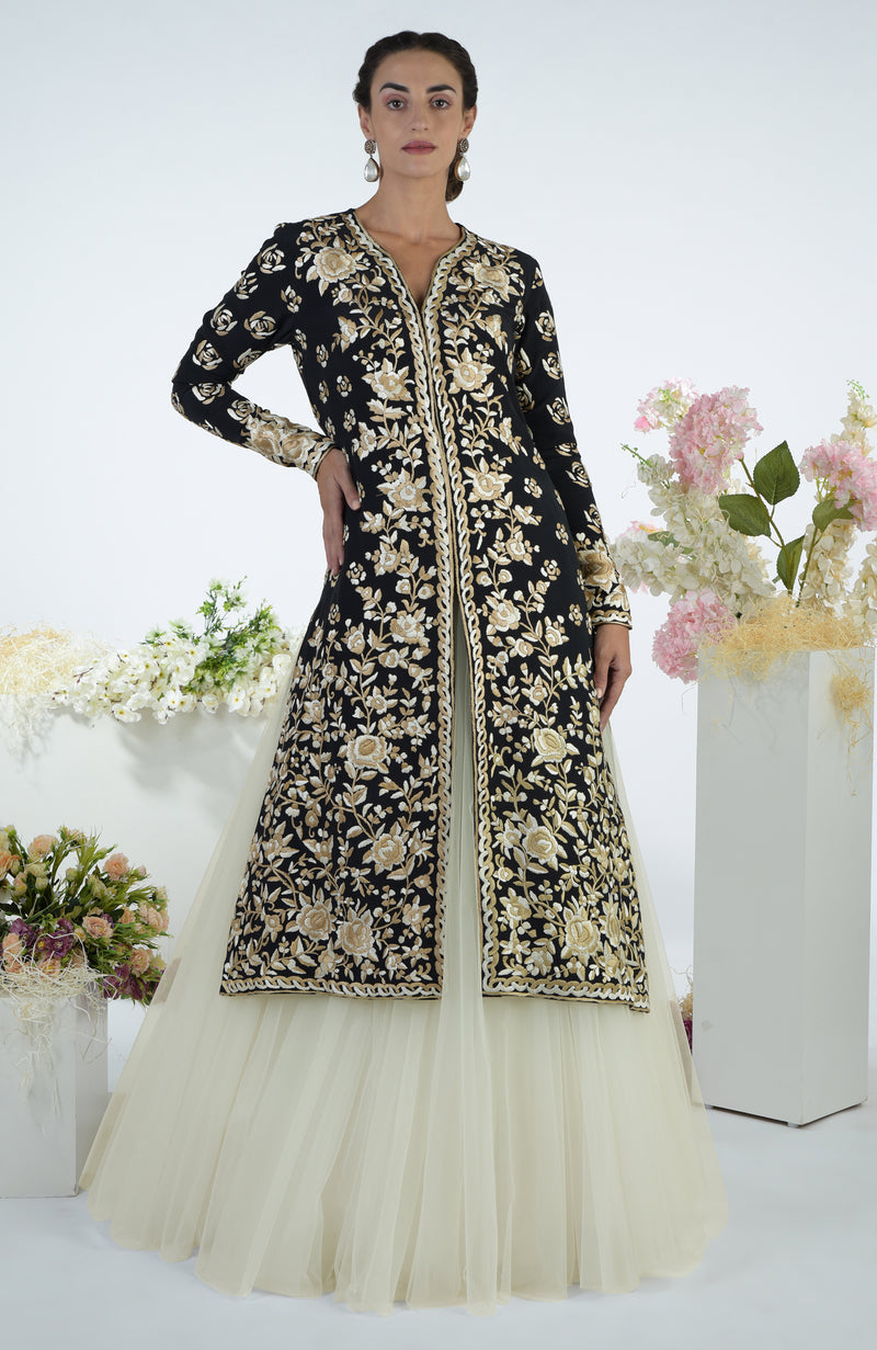 Black Floral Parsi Gara Embroidered Jacket Set