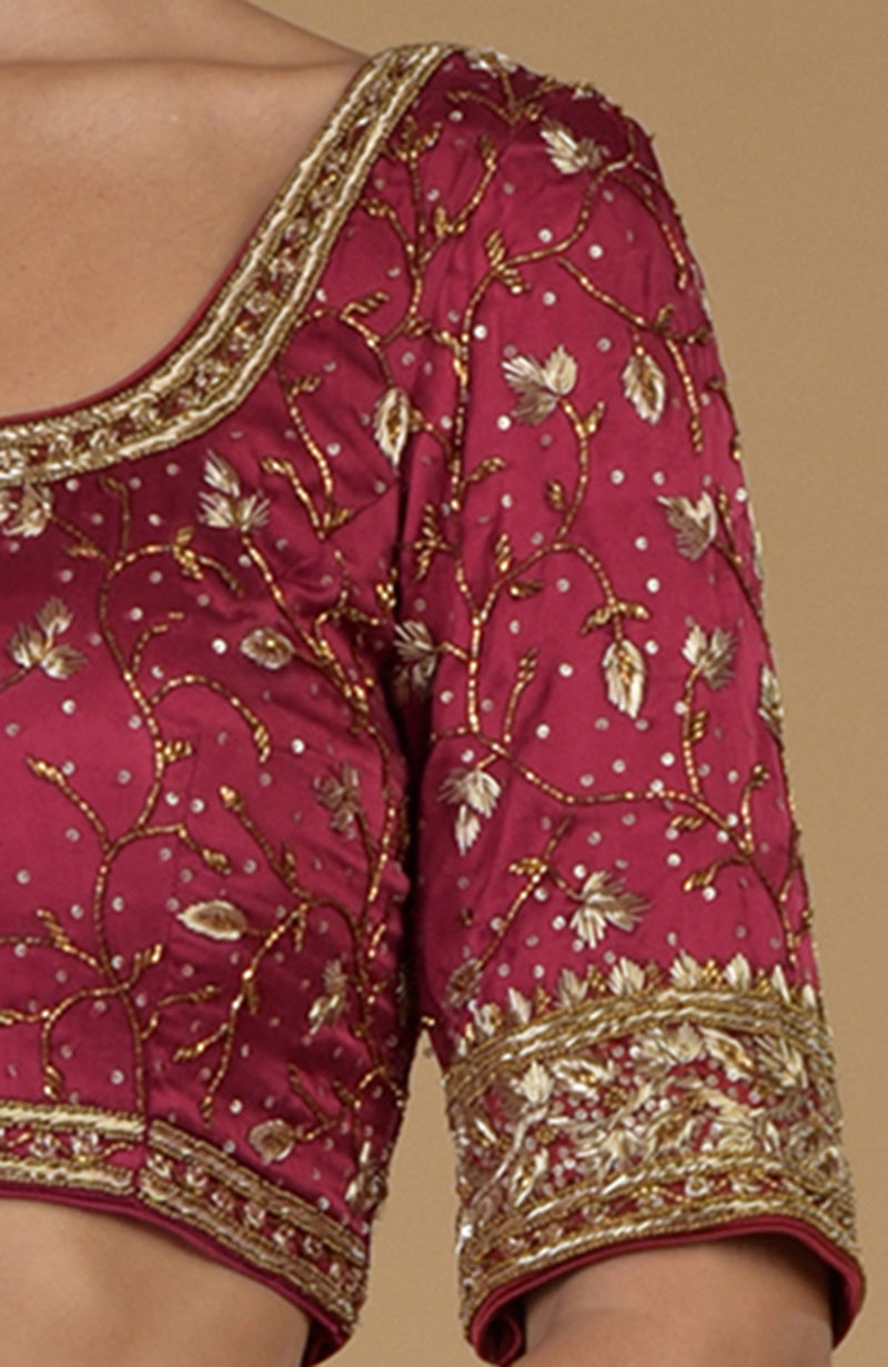 Maroon U Neck Hand Embroidered Zardozi Blouse