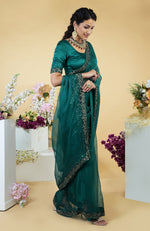 Emerald Green Beads and Sequin Hand Embroidered Organza Saree