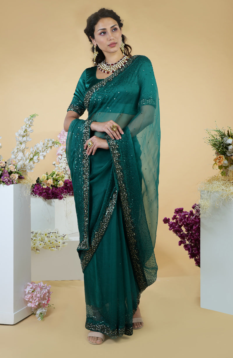 Emerald Green Beads and Sequin Hand Embroidered Organza Saree