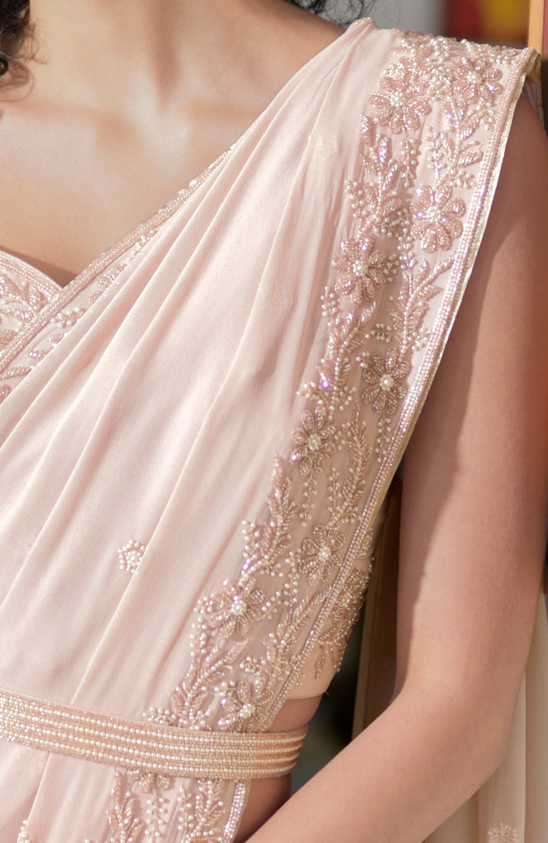 Nude Pink Pearl Beaded Hand Embroidered Saree Set