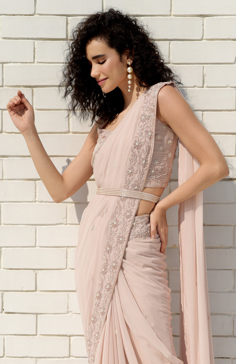 Nude Pink Pearl Beaded Hand Embroidered Saree Set