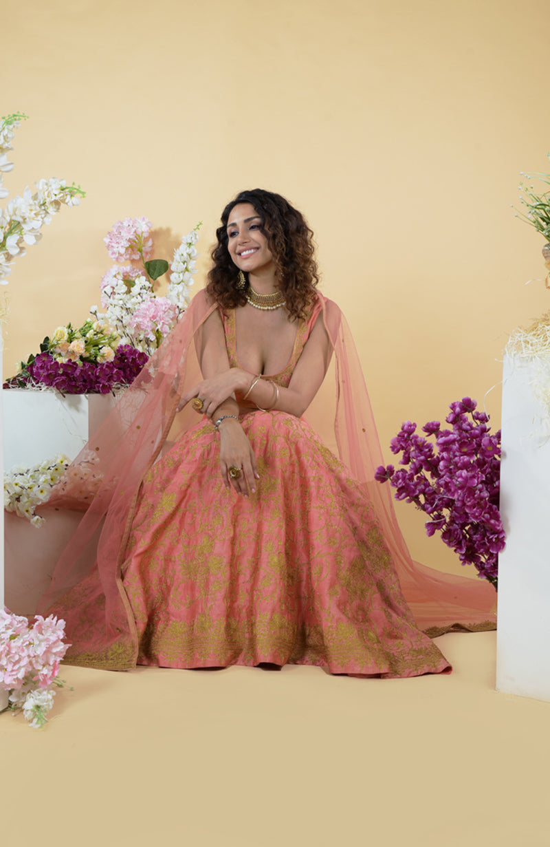 Peach Echo Kashmiri Chinar Tilla Embroidered Lehenga Set