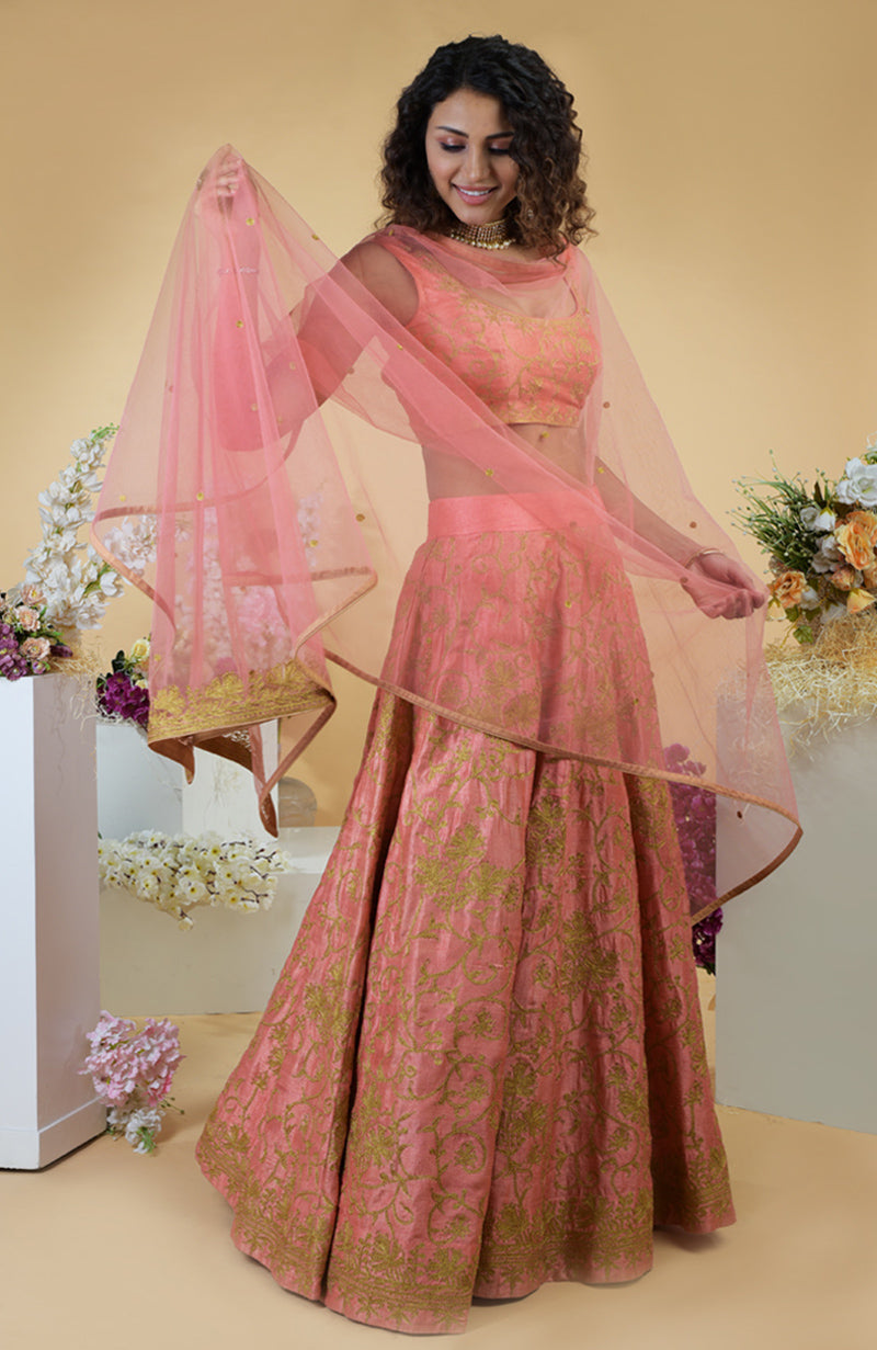 Peach Echo Kashmiri Chinar Tilla Embroidered Lehenga Set
