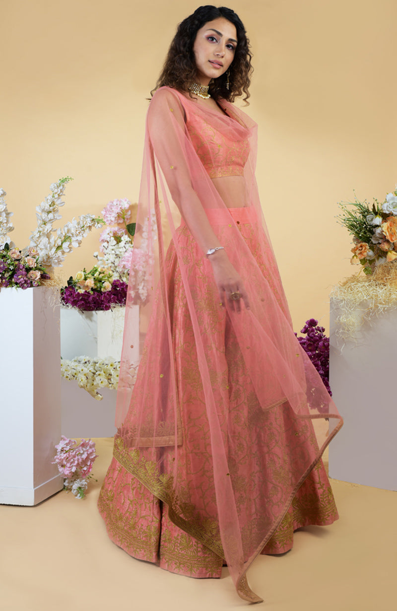 Peach Echo Kashmiri Chinar Tilla Embroidered Lehenga Set