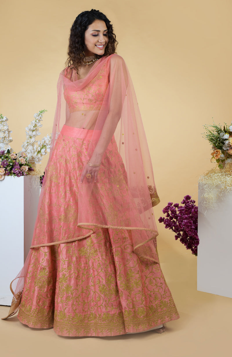 Peach Echo Kashmiri Chinar Tilla Embroidered Lehenga Set