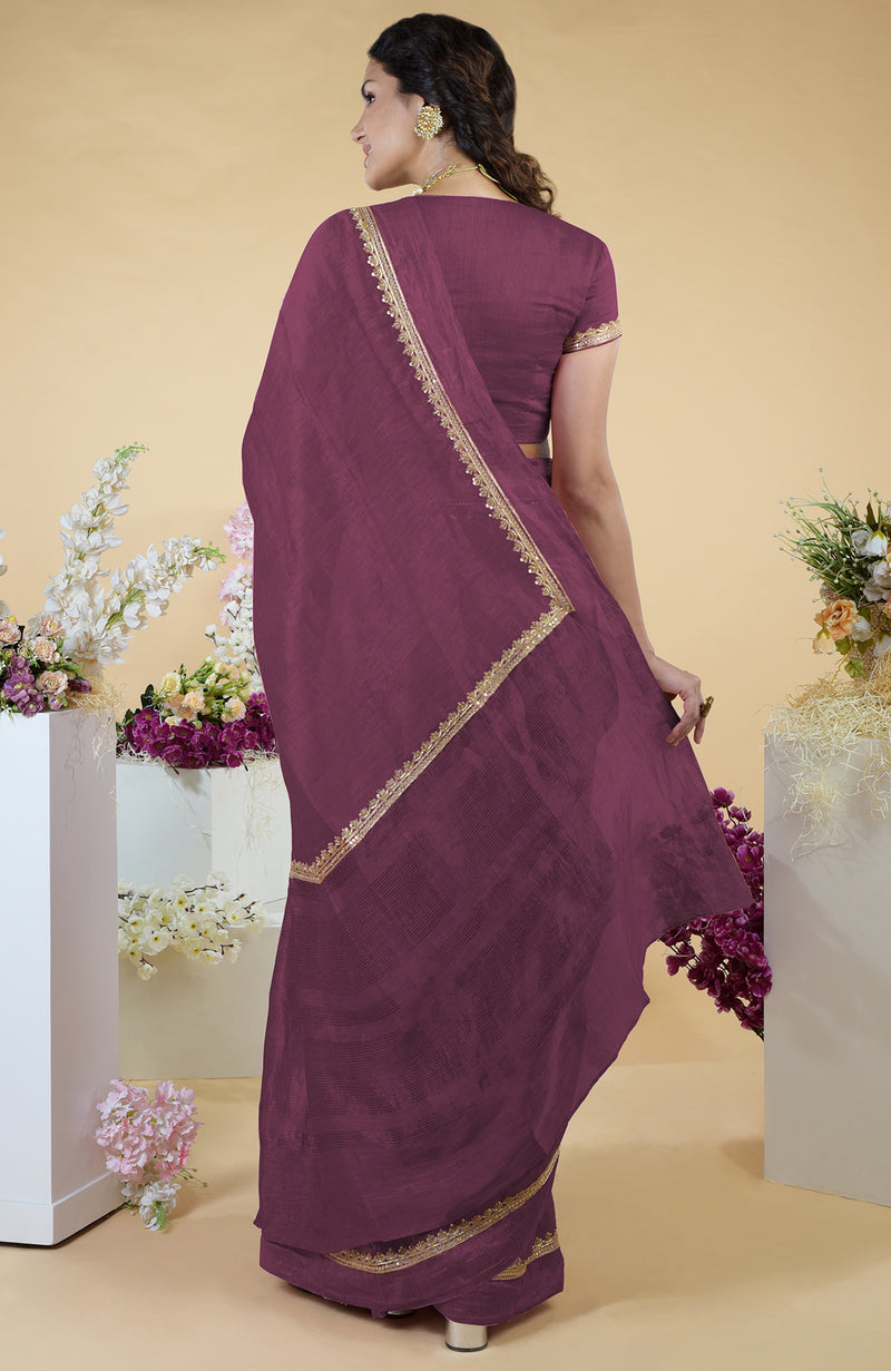Burgundy Purple Hand Embroidered Linen Saree