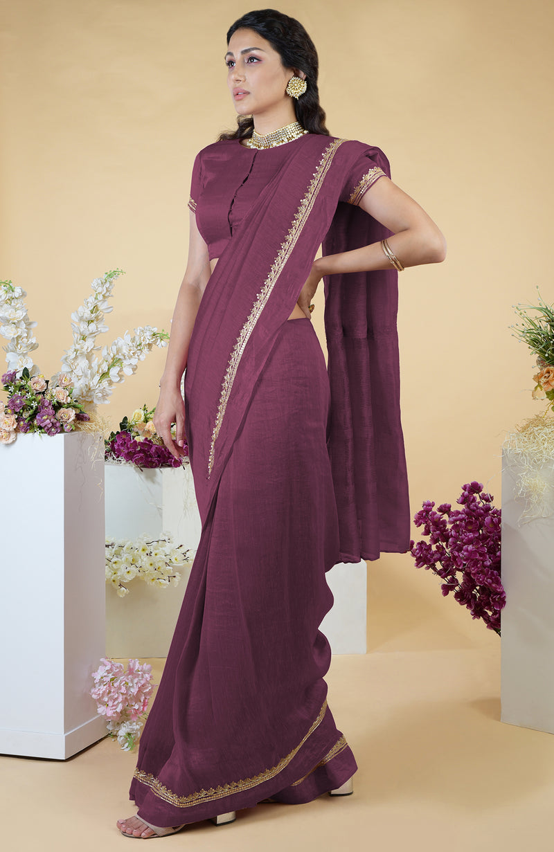 Burgundy Purple Hand Embroidered Linen Saree