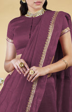 Burgundy Purple Hand Embroidered Linen Saree
