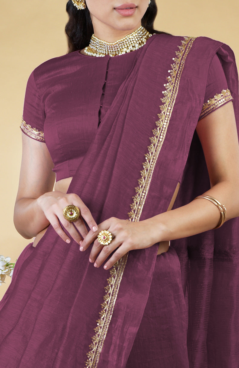 Burgundy Purple Hand Embroidered Linen Saree
