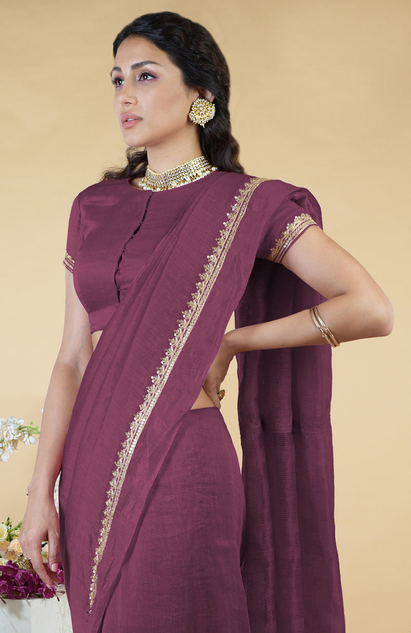 Burgundy Purple Hand Embroidered Linen Saree