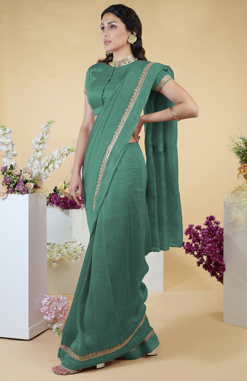 Kale Hand Embroidered Linen Saree