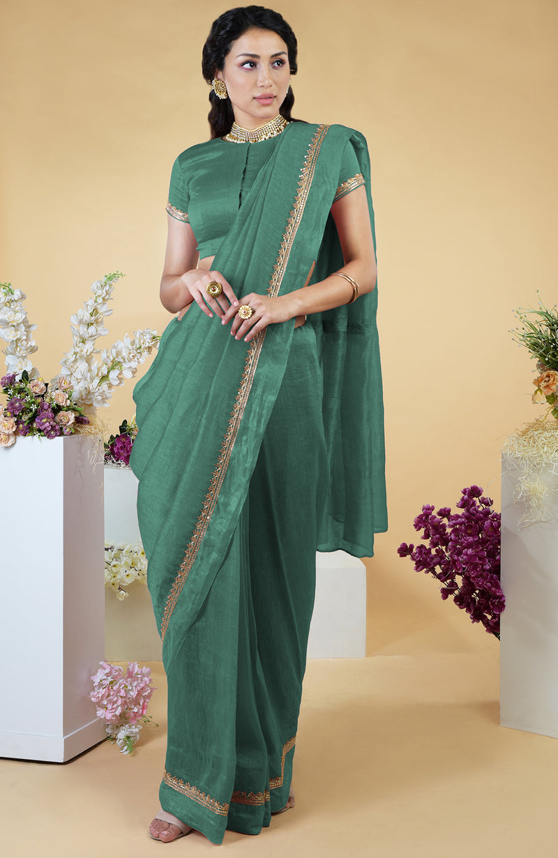 Kale Hand Embroidered Linen Saree