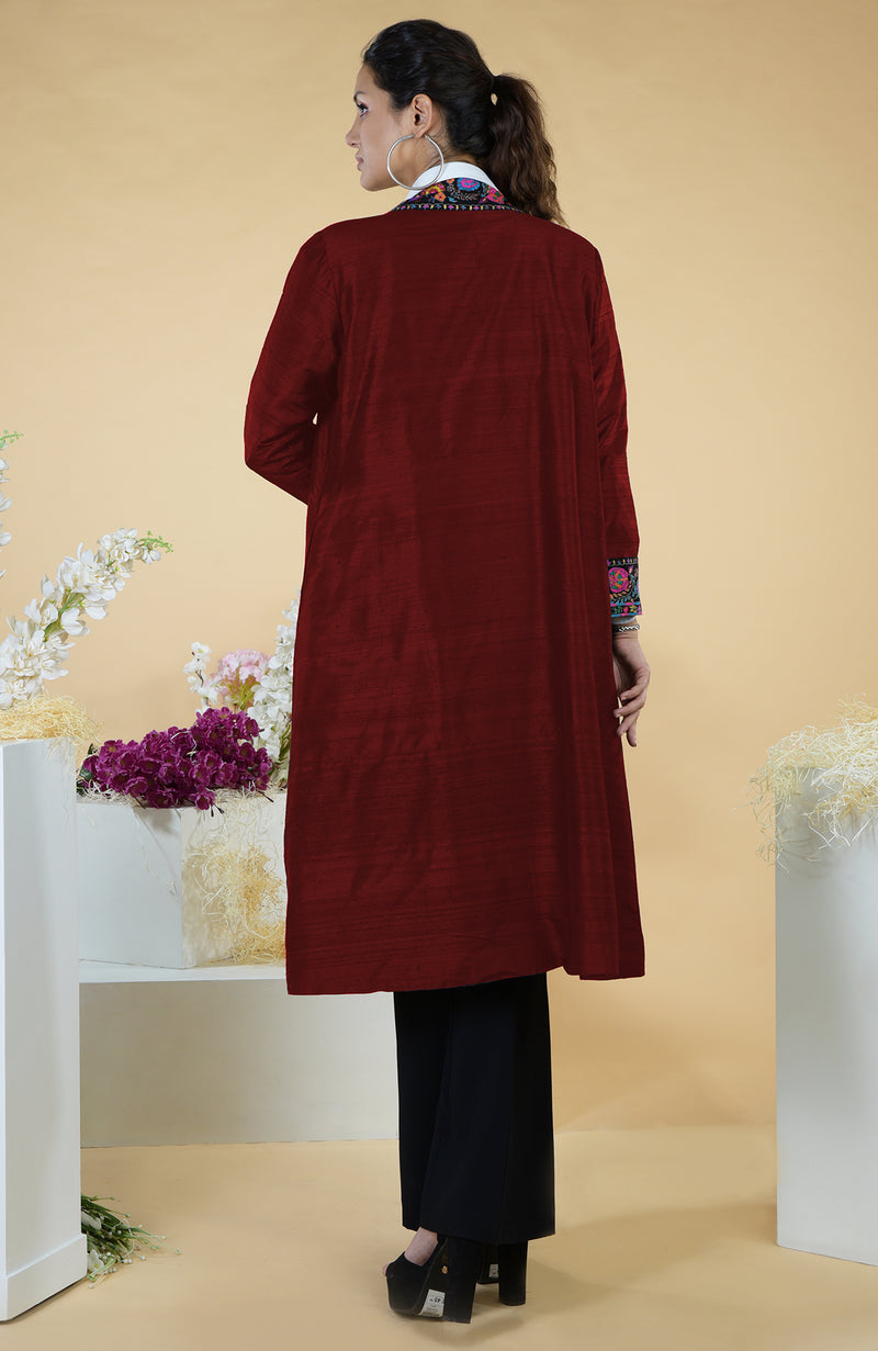 Maroon Kashmiri Kashidakari Hand Embroidered Kimono Jacket