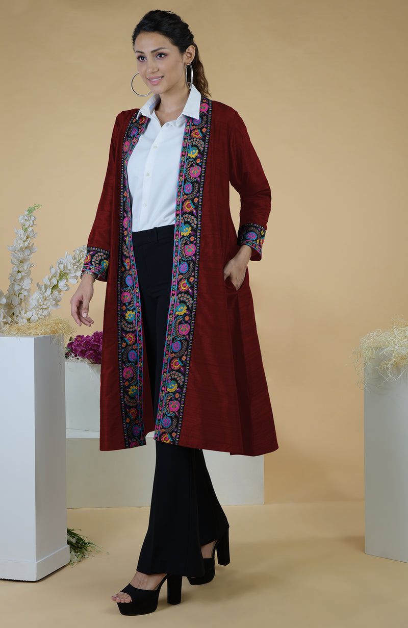 Maroon Kashmiri Kashidakari Hand Embroidered Kimono Jacket
