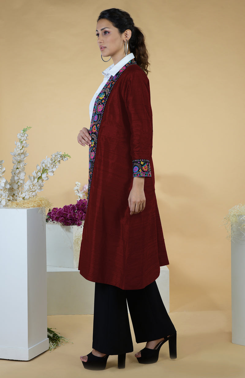 Maroon Kashmiri Kashidakari Hand Embroidered Kimono Jacket