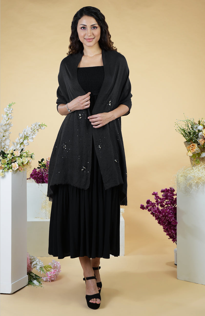 Black Galaxy Hand Embroidered Pure Cashmere Stole