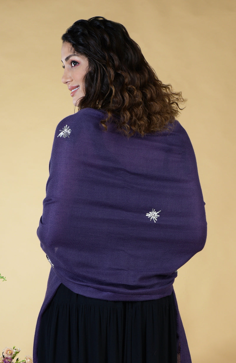 Purple Starburst Hand Embroidered Pure Cashmere Stole