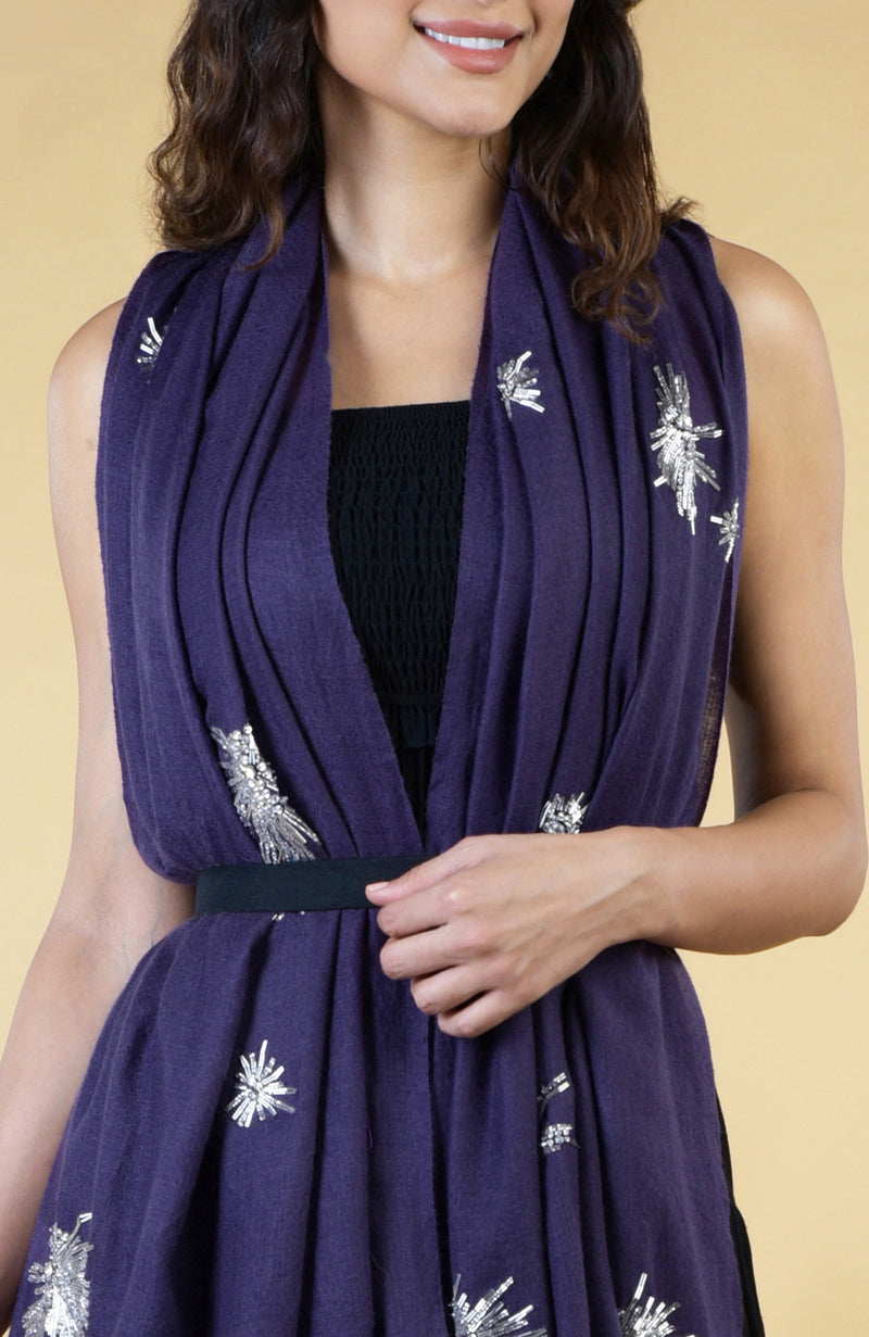 Purple Starburst Hand Embroidered Pure Cashmere Stole