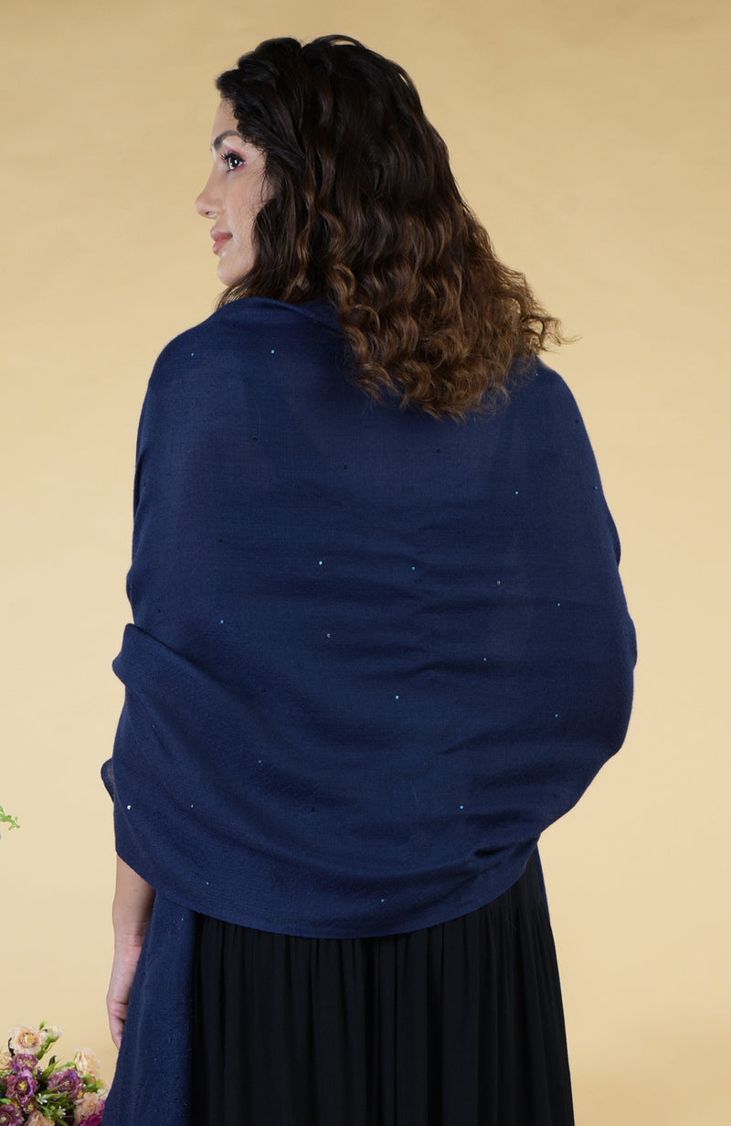 Navy Blue Stellar Hand Embroidered Pure Cashmere Stole