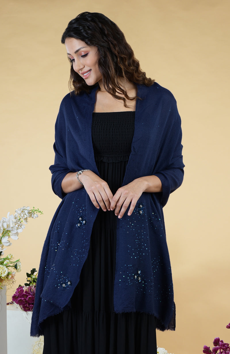 Navy Blue Stellar Hand Embroidered Pure Cashmere Stole