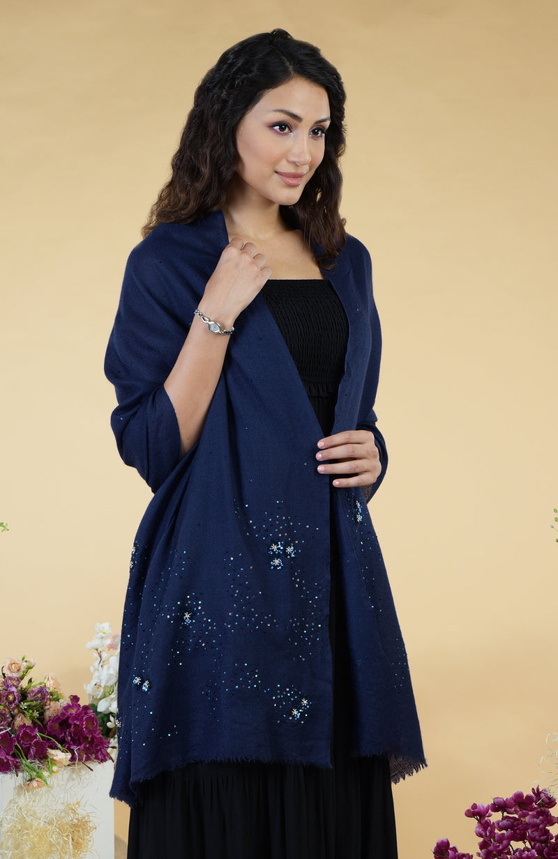 Navy Blue Stellar Hand Embroidered Pure Cashmere Stole
