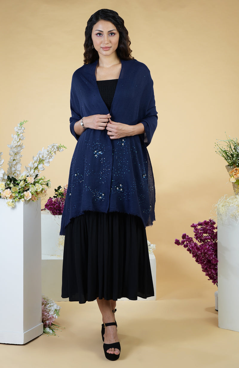 Navy Blue Stellar Hand Embroidered Pure Cashmere Stole