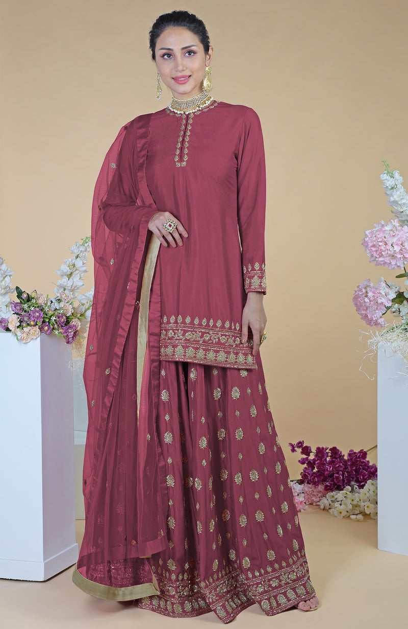 Crimson-Gold  Zardozi Dabka Hand Embroidered Sharara Set
