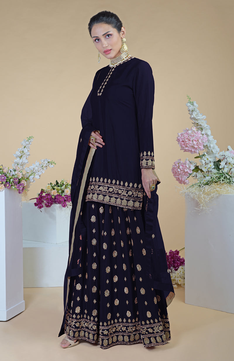 Crimson-Gold  Zardozi Dabka Hand Embroidered Sharara Set