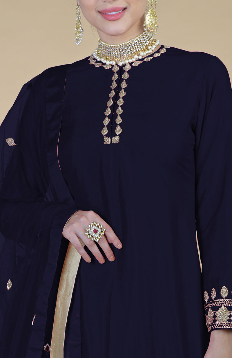 Midnight Blue Zardozi Dabka Hand Embroidered Sharara Set