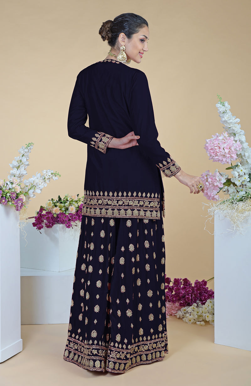Midnight Blue Zardozi Dabka Hand Embroidered Sharara Set