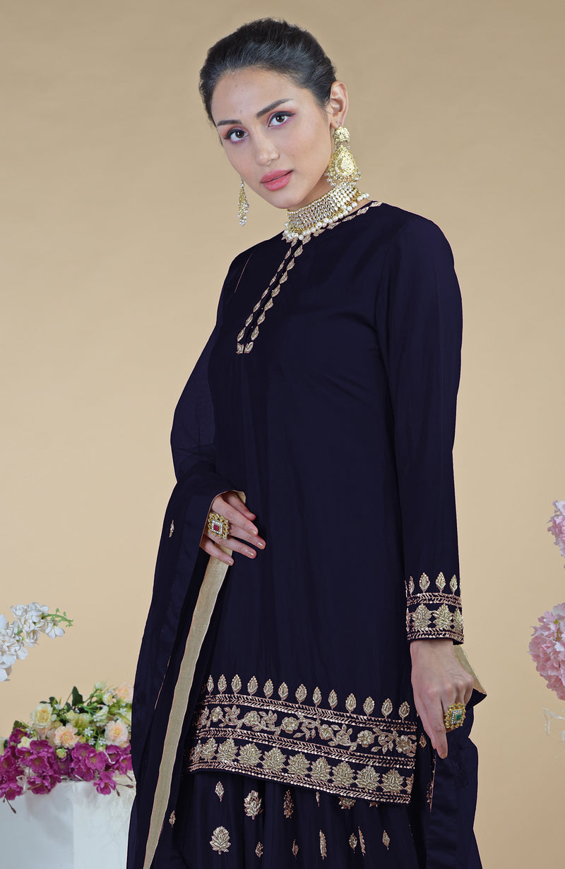 Midnight Blue Zardozi Dabka Hand Embroidered Sharara Set