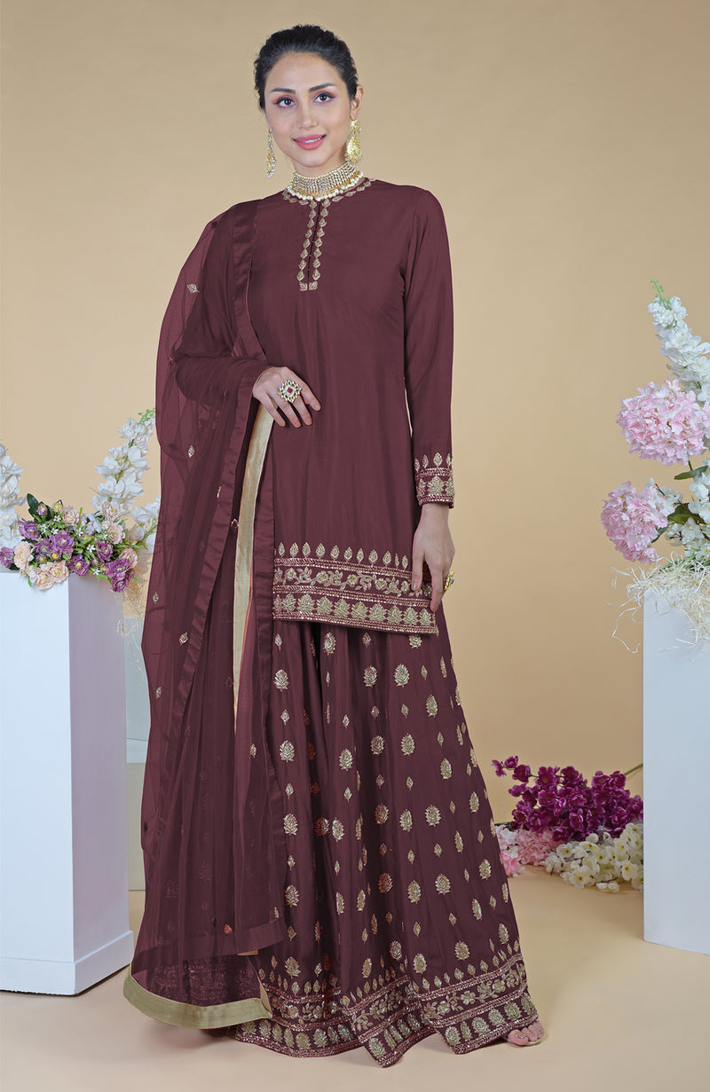 Crimson-Gold  Zardozi Dabka Hand Embroidered Sharara Set