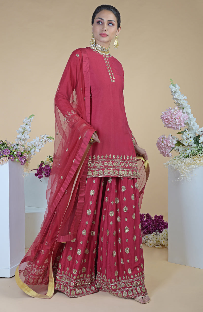Crimson-Gold  Zardozi Dabka Hand Embroidered Sharara Set