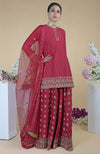 Crimson-Gold  Zardozi Dabka Hand Embroidered Sharara Set