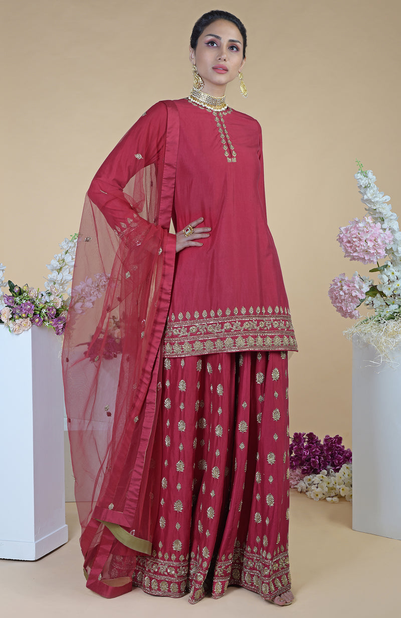 Crimson-Gold  Zardozi Dabka Hand Embroidered Sharara Set