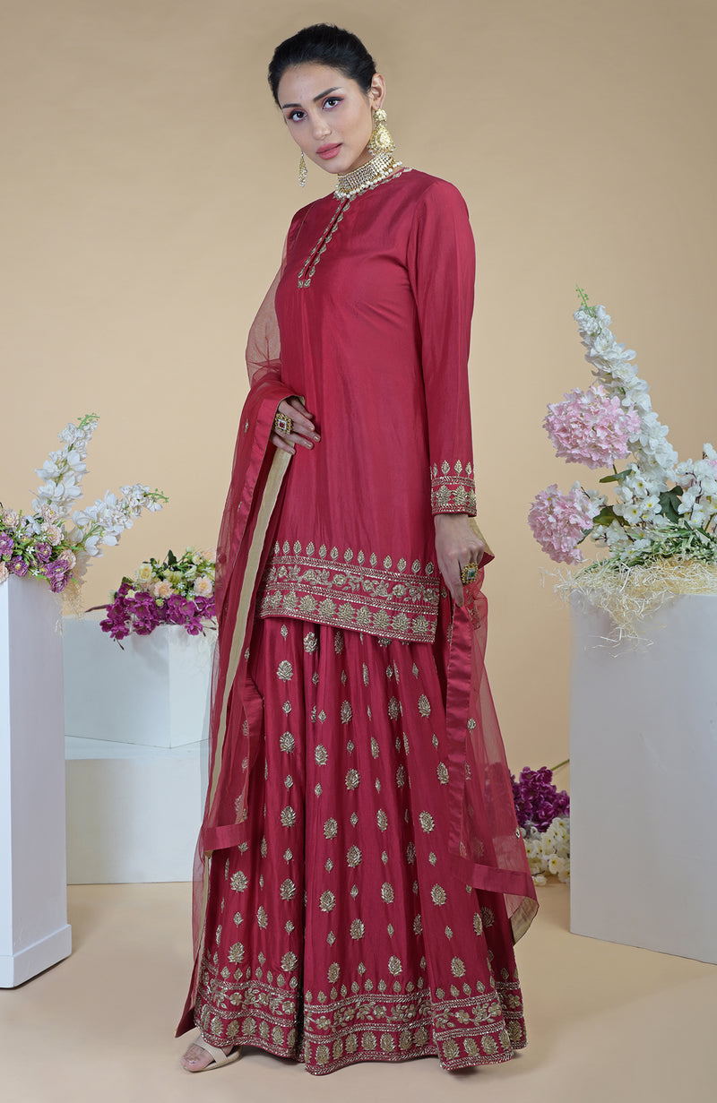 Crimson-Gold  Zardozi Dabka Hand Embroidered Sharara Set