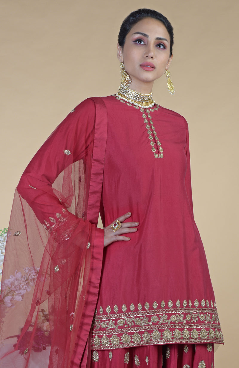 Crimson-Gold  Zardozi Dabka Hand Embroidered Sharara Set