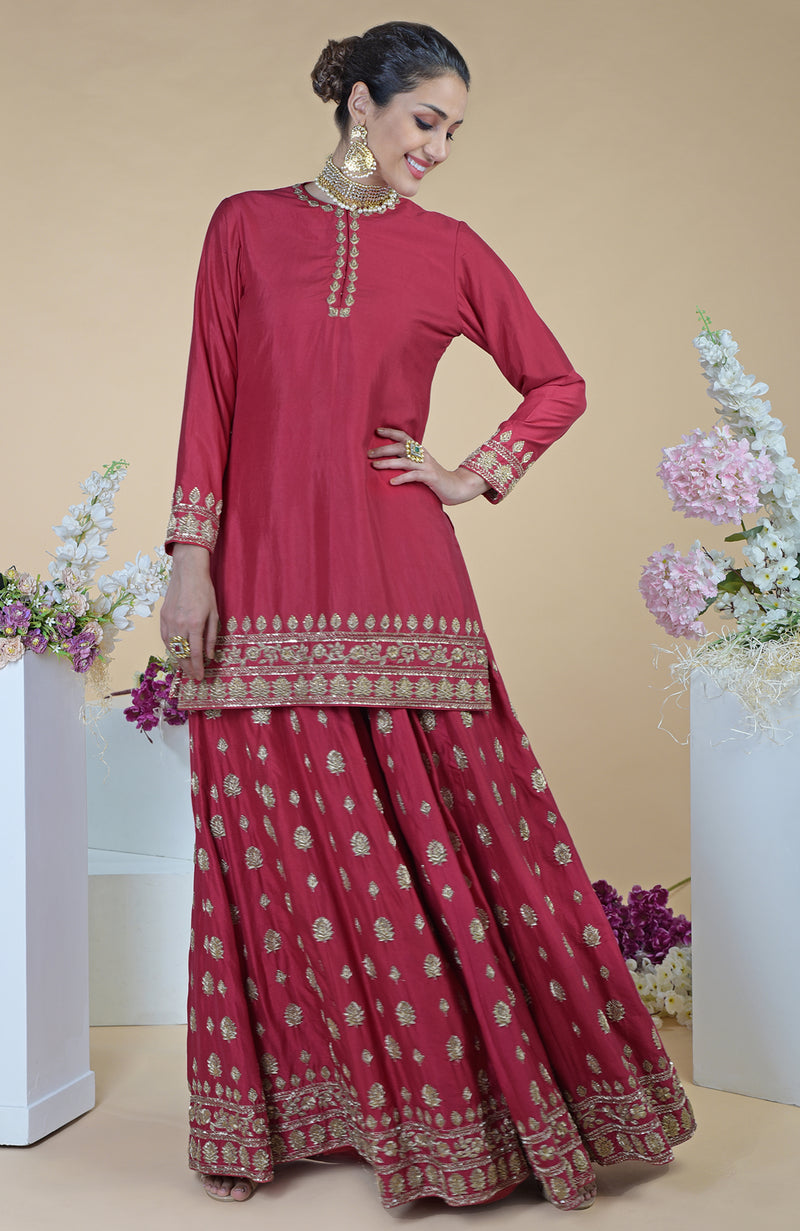 Crimson-Gold  Zardozi Dabka Hand Embroidered Sharara Set