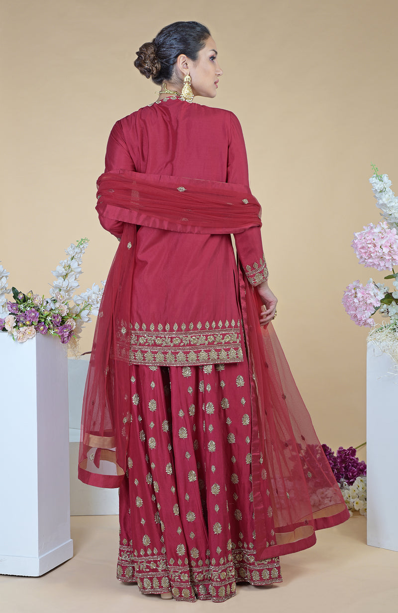 Crimson-Gold  Zardozi Dabka Hand Embroidered Sharara Set