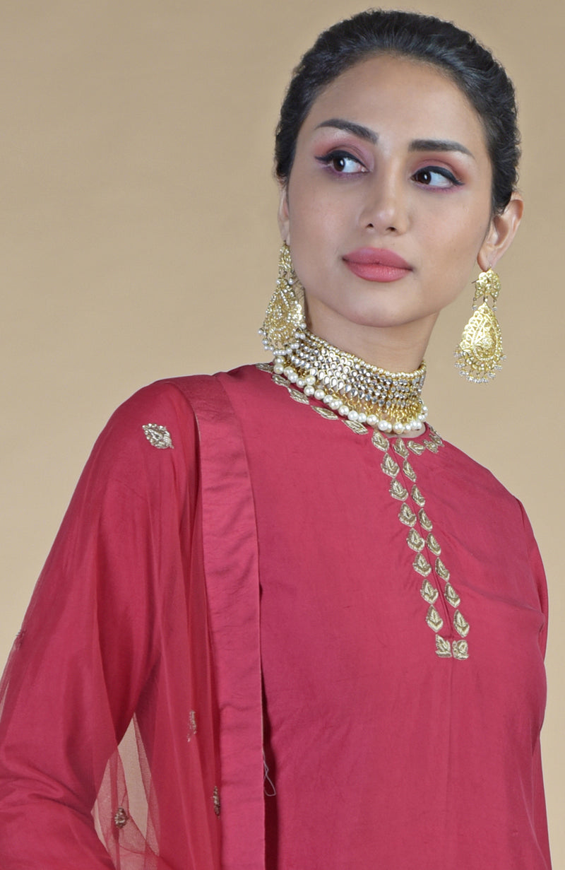Crimson-Gold  Zardozi Dabka Hand Embroidered Sharara Set
