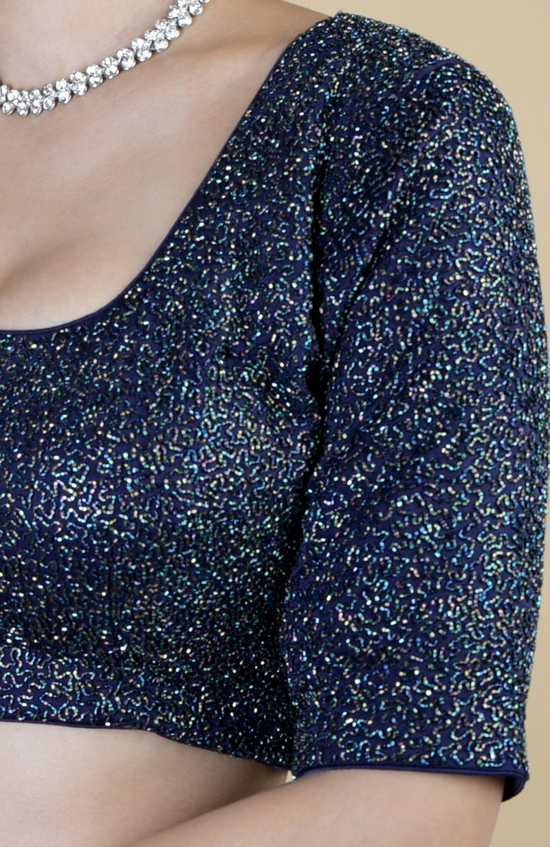 Midnight Blue bead and Sequin Hand Embroidered Saree