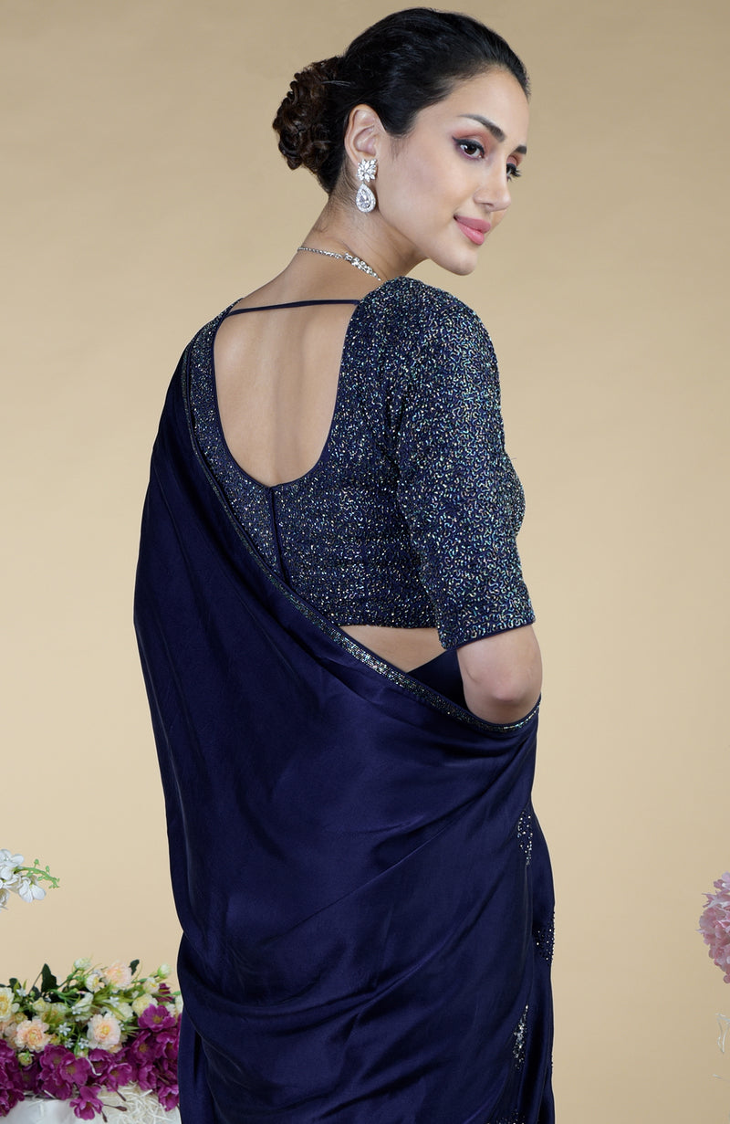 Midnight Blue bead and Sequin Hand Embroidered Saree