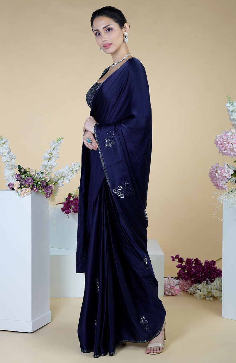 Midnight Blue bead and Sequin Hand Embroidered Saree