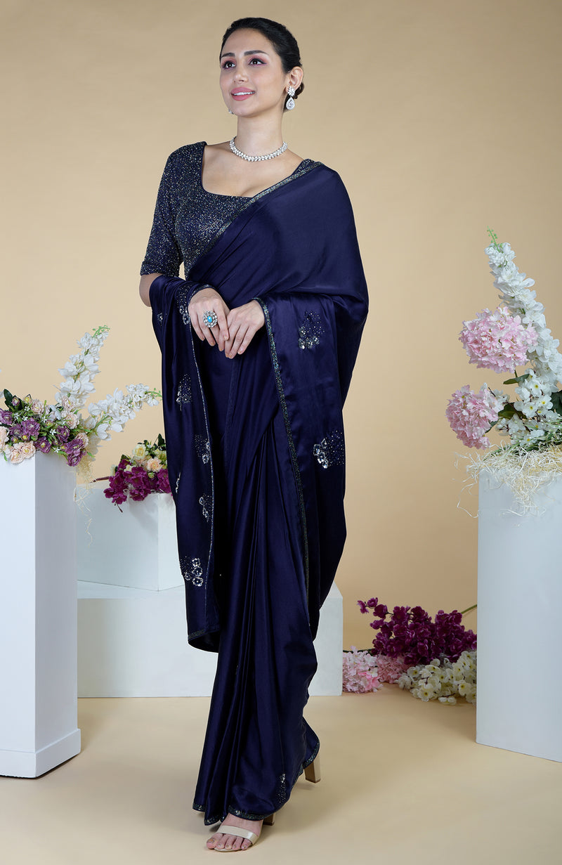 Midnight Blue bead and Sequin Hand Embroidered Saree