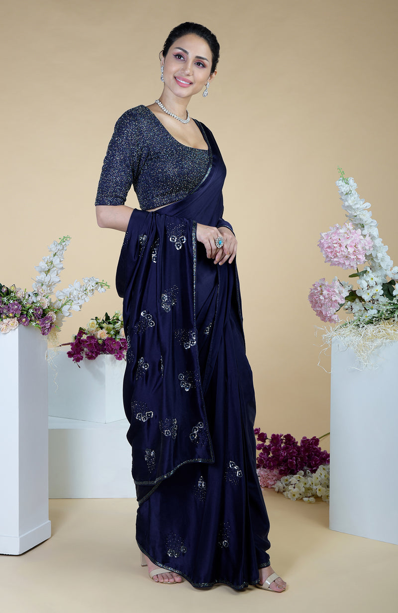 Midnight Blue bead and Sequin Hand Embroidered Saree