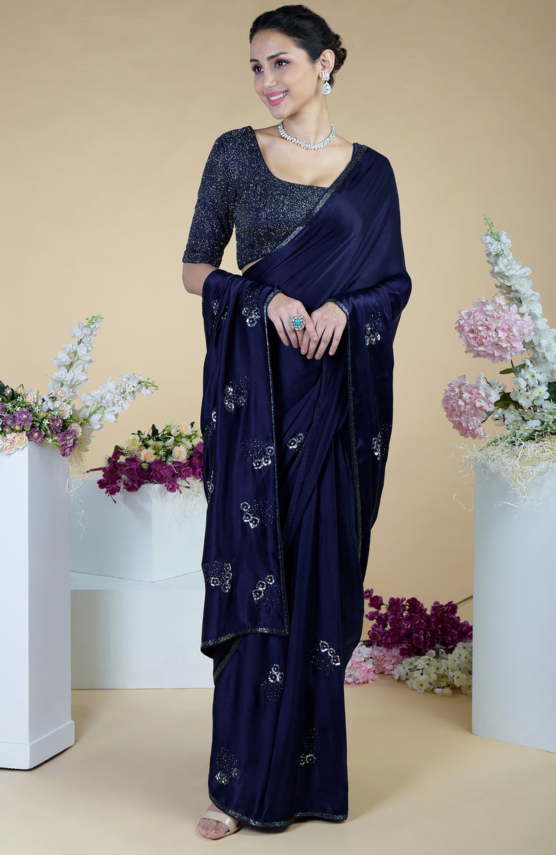 Midnight Blue bead and Sequin Hand Embroidered Saree