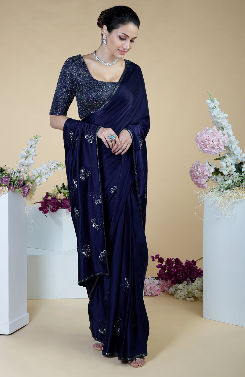 Midnight Blue bead and Sequin Hand Embroidered Saree