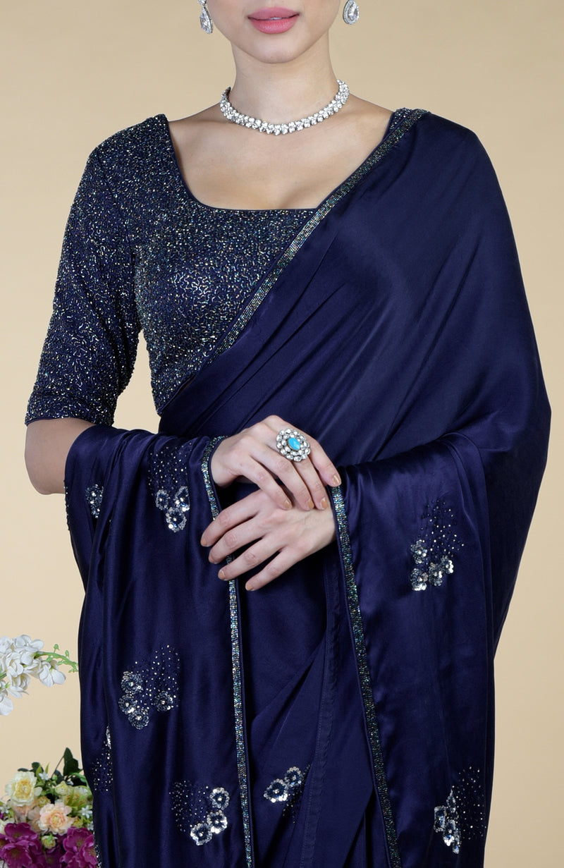 Midnight Blue bead and Sequin Hand Embroidered Saree