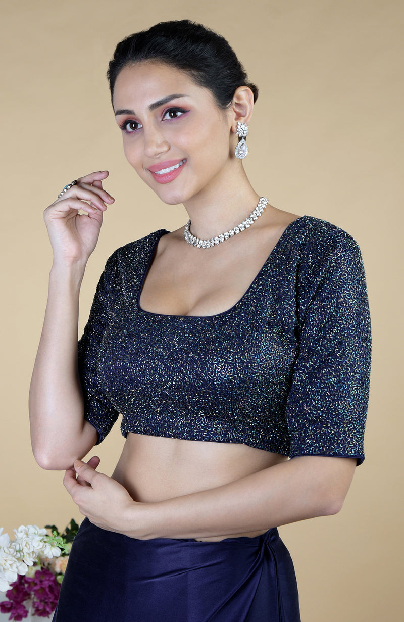 Midnight Blue bead and Sequin Hand Embroidered Saree